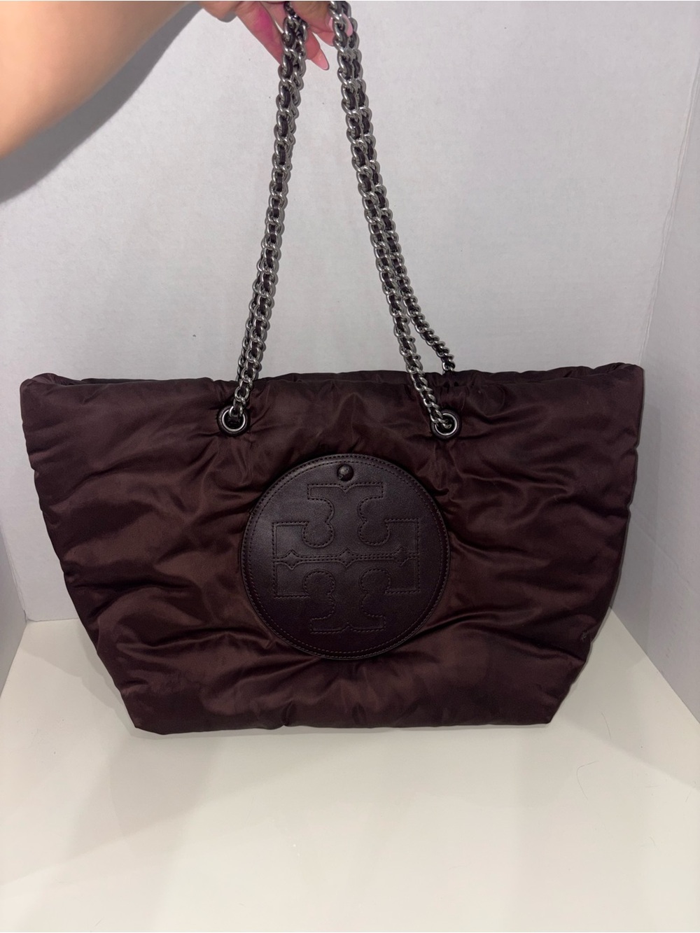 Tory Burch Quilted Tote with Chain Straps in Dark Brown